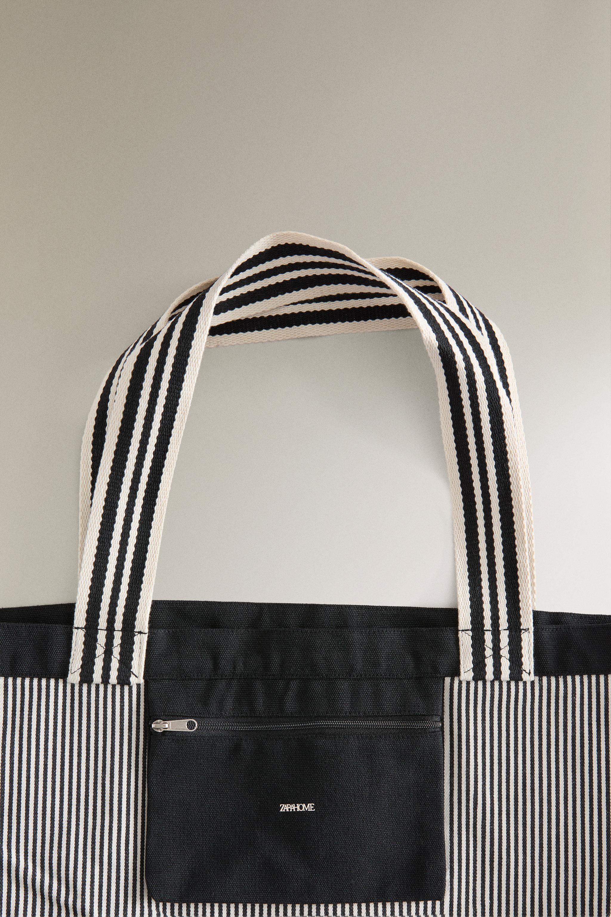 REVERSIBLE FABRIC STRIPED SHOPPER BAG